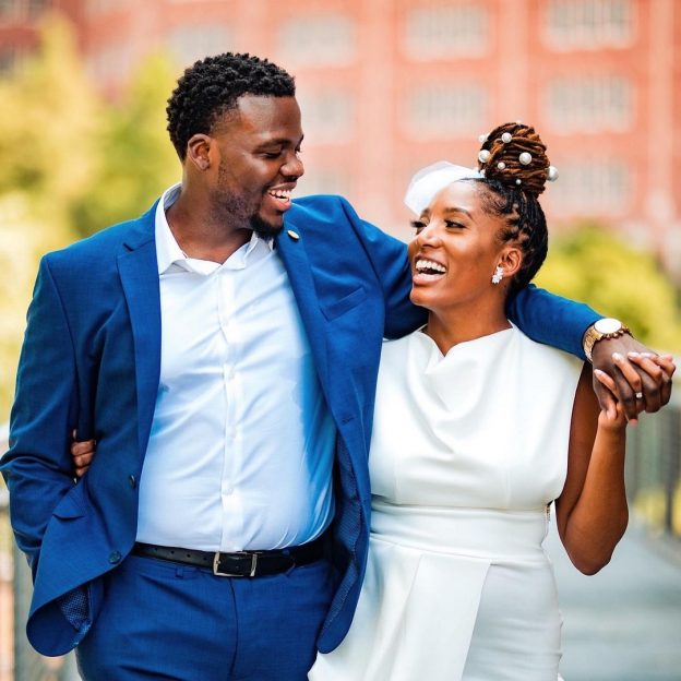 four different wedding band pairing photos grid layout