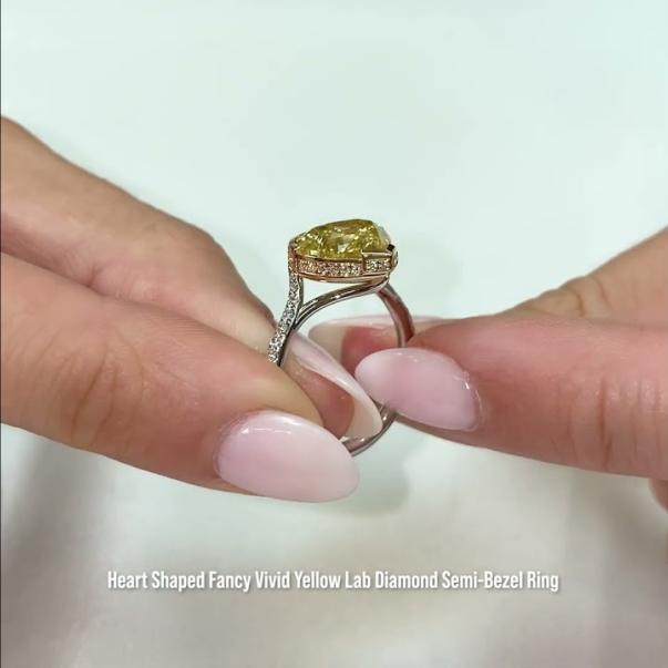 4.01 carat Heart Shape Fancy Vivid Yellow Lab Diamond Semi-Bezel Ring