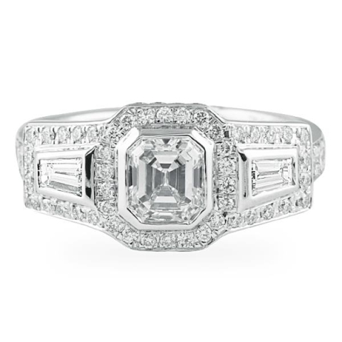.71 carat Asscher Diamond Three-Stone Halo Engagement Ring