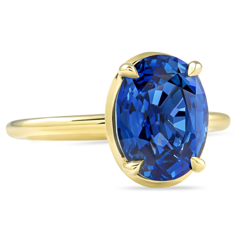 4.06 carat Blue Sapphire Yellow Gold Engagement Ring flat