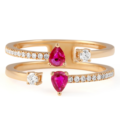 Pear Shape Ruby and Diamond Open Ring flat