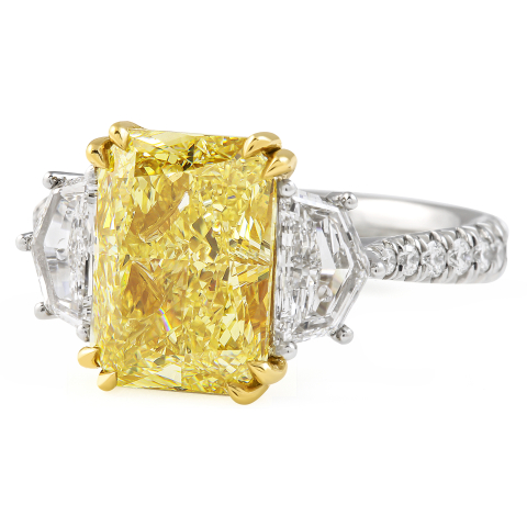 4.02 carat Fancy Yellow Radiant Diamond Three-Stone Ring flat
