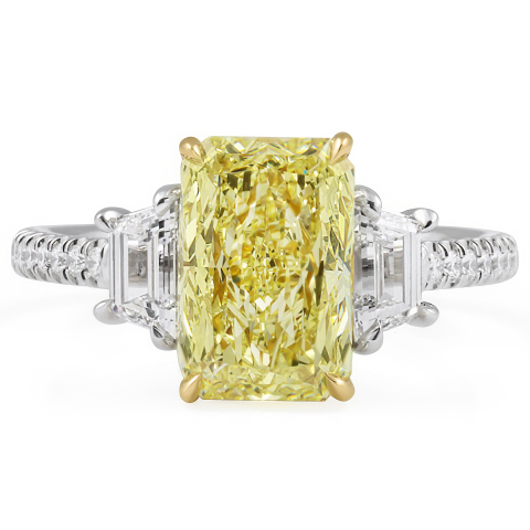 3.01 carat Fancy Light Yellow Radiant Diamond Three-Stone Ring flat
