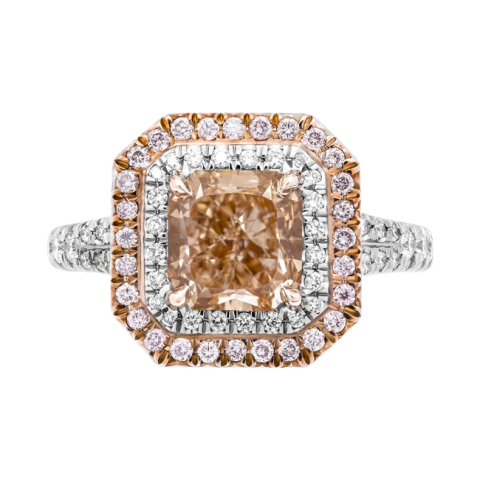 2.07 carat Fancy Brown Orange Cushion Cut Double Halo Ring flat