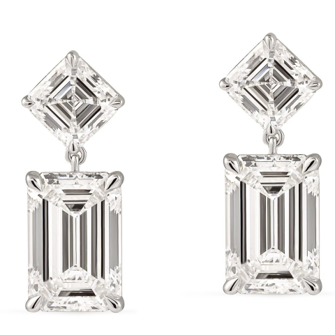 7.9 carat Asscher and Emerald Lab Diamond Drop Earrings front