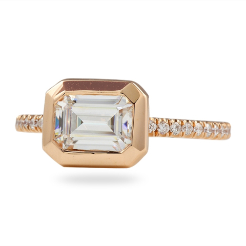 Emerald Cut Moissanite "East-West" Bezel Ring top