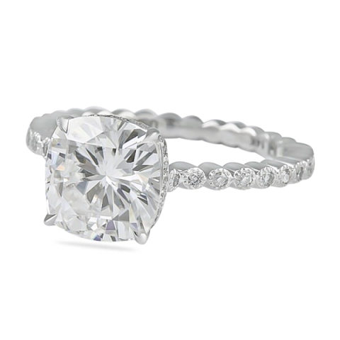 Cushion Cut Moissanite Bezel Set Band Engagement Ring flat