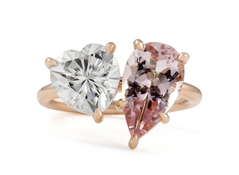 Pear Morganite and Heart Moissanite Duo Ring front view 14 karat rose gold
