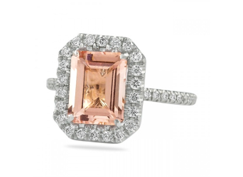 Step Cut Morganite And Diamond Halo Ring flat
