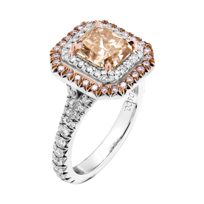 2.07 carat Fancy Brown Orange Cushion Cut Double Halo Ring flat