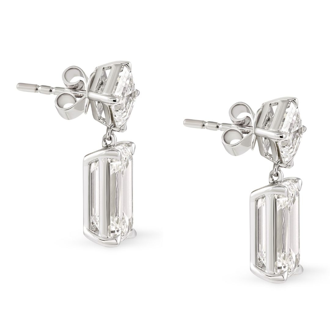 7.9 carat Asscher and Emerald Lab Diamond Drop Earrings front
