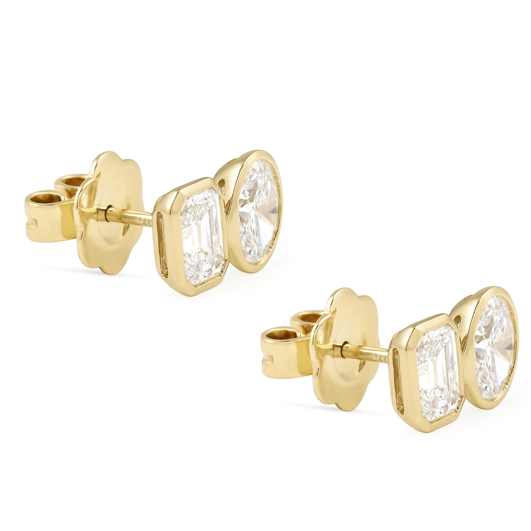 1.90 carat TW Emerald and Oval Lab Diamond Bezel Duo Studs yg