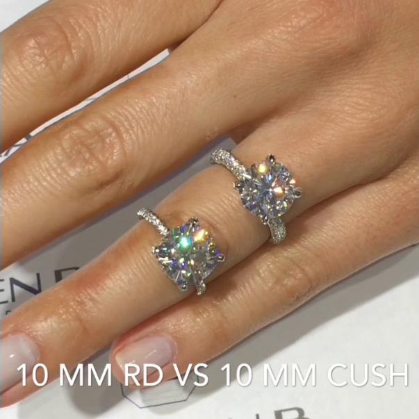 10mm Moissanite Cushion vs Round Engagement Rings