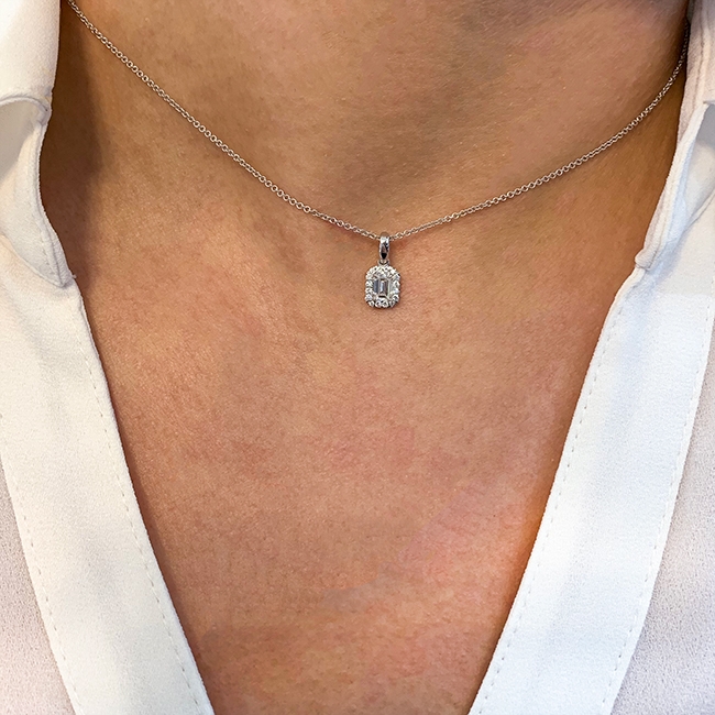 Petite Emerald Cut Diamond Halo Pendant