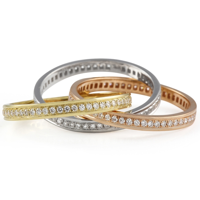 Tri-Color Pave Diamond Interlocking Eternity Bands